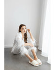 White Bridal Sleepwear Set, White Satin pyjamas, bridal pyjamas, feathered pyjamas, feathered sleepwear, white pyjamas, womens sleepwear set, bridesmaid sleepwear, wedding sleepwear, feather pyjamas Australia, feather sleepwear australia, Bridgerton Bridal Sleepwear Set - White