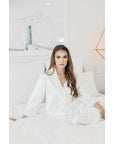 White Bridal Sleepwear Set, White Satin pyjamas, bridal pyjamas, feathered pyjamas, feathered sleepwear, white pyjamas, womens sleepwear set, bridesmaid sleepwear, wedding sleepwear, feather pyjamas Australia, feather sleepwear australia, Bridgerton Bridal Sleepwear Set - White